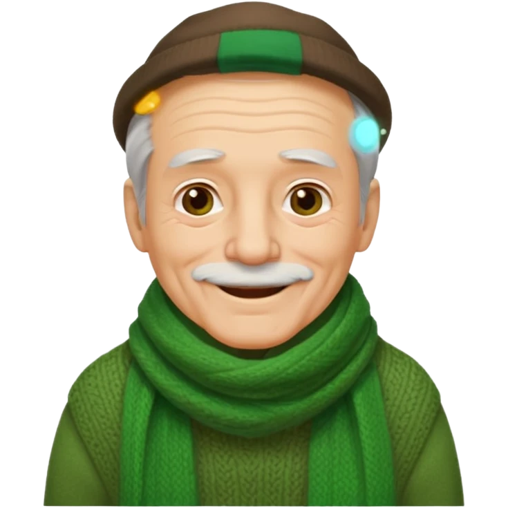 old man with big green scarf and layered sweater warm smile emoji