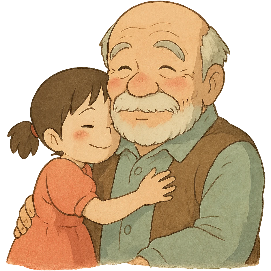 small kid showing affection to their granddad, gentle and heartwarming emoji
