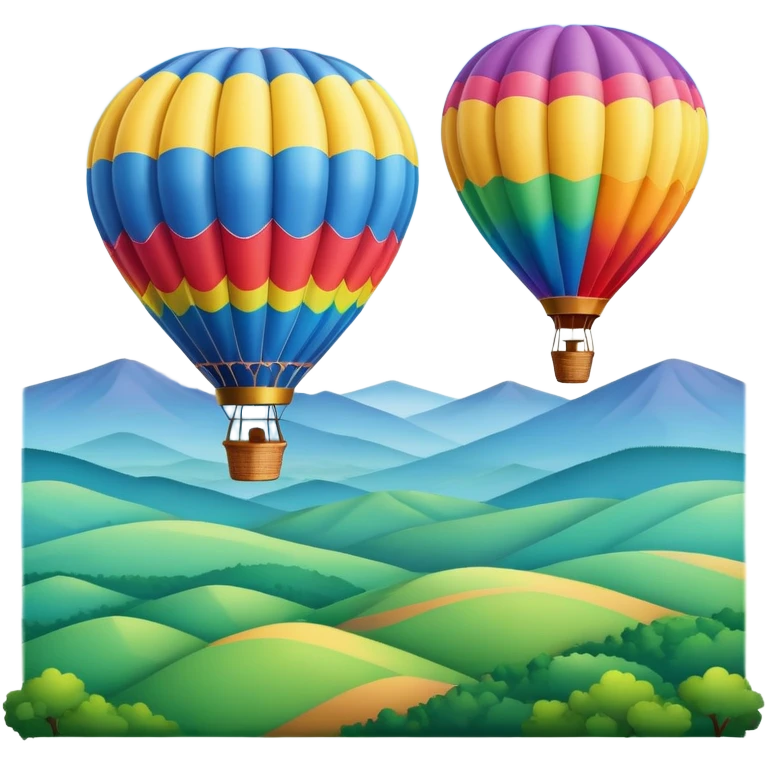 a clear sky and distant hills in the background with A colorful hot air balloon floating gracefully above the ground. The balloon's vibrant colors stand out against the soft clouds, capturing the peaceful yet adventurous spirit of hot air ballooning. emoji