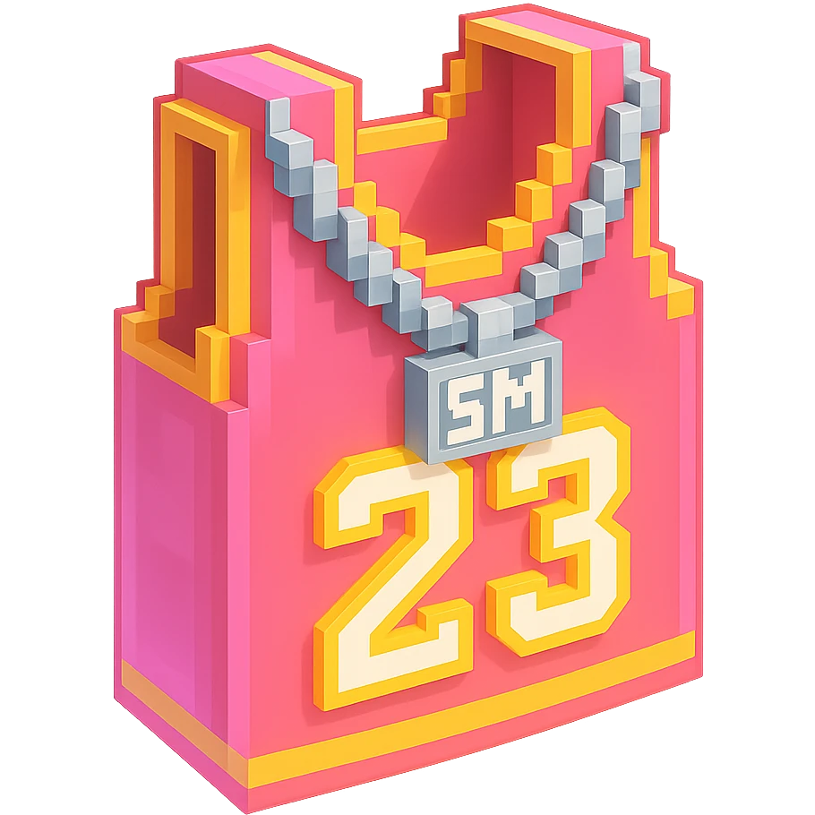 светящейся розовая баскетбольная майка с надписью "23" и серебряная цепь с надписью "SM", no background emoji