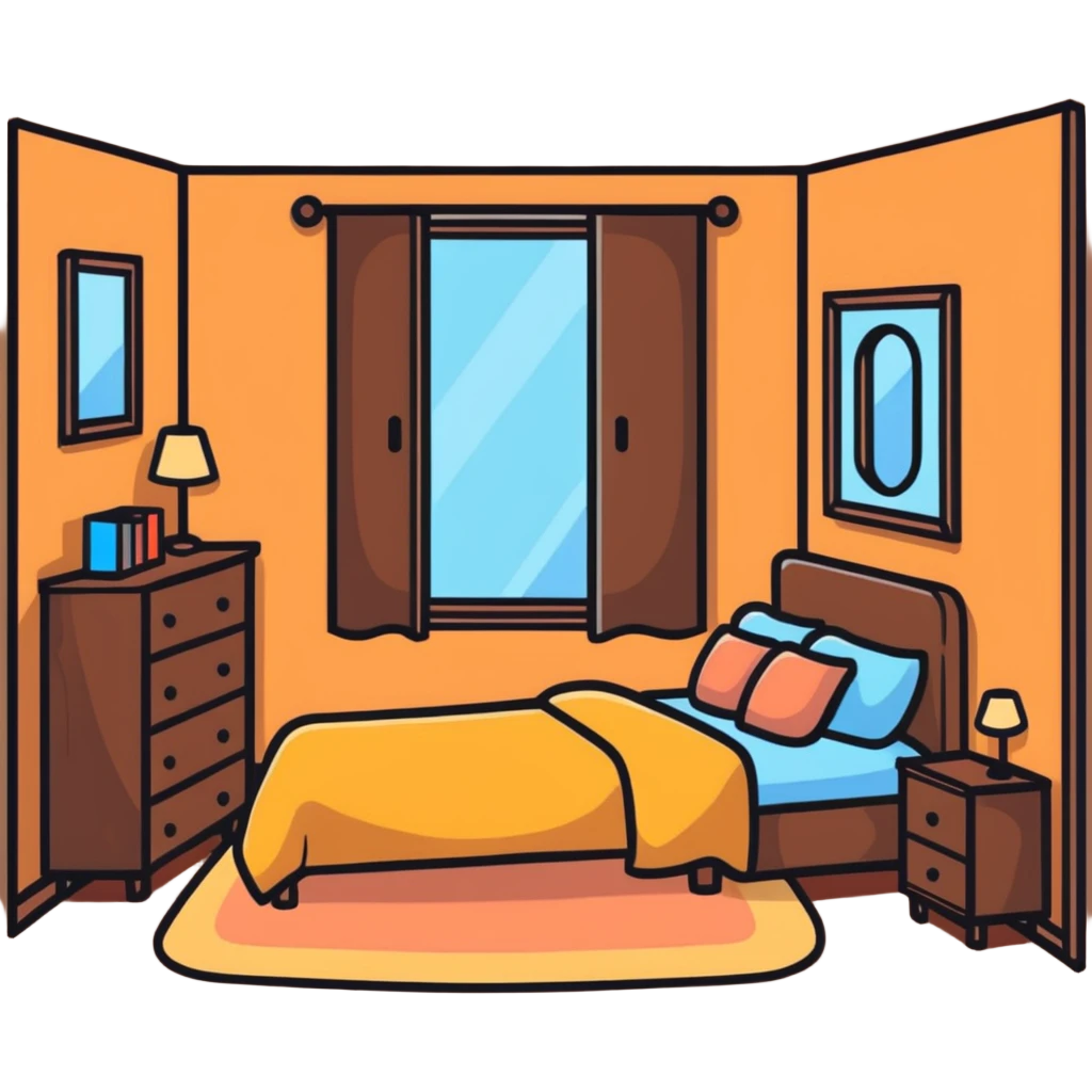 cute bedroom with cream colored walls, wooden bed frame, wooden shelves, fluffy rug, plants emoji