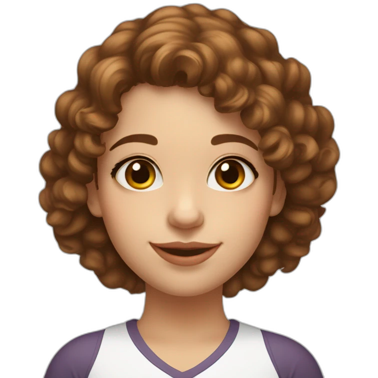 A 27 year old woman with brown shoulder length curlyish hair, hazel eyes, button nose & white skin with rosey cheeks & cleft on chin emoji