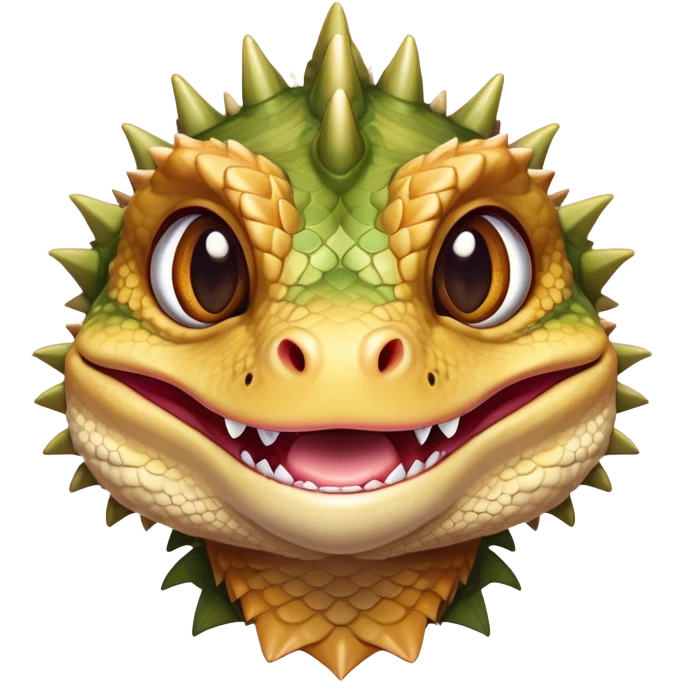 Cinematic Cute Bearded Dragon Portrait Emoji, Head tilted playfully and inquisitively, featuring a glossy, scaled hide in warm olive hues with an adorably scrunched spiky beard and round, sparkling eyes full of curious mischief, Simplified yet irresistibly adorable features, highly detailed, glowing with a warm, friendly glow, high shine, affectionate and lively, stylized with a touch of rugged whimsy, bright and endearing, soft glowing outline, capturing the essence of a mischievous yet loving dragon, so playful it feels like it could scamper out of the screen into your arms! emoji