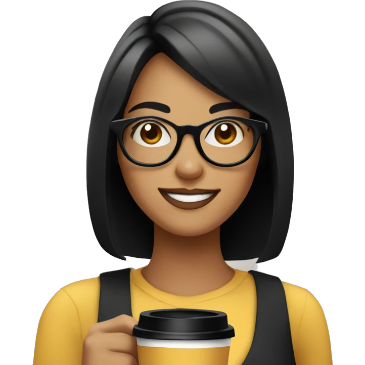 smiling girl with black hair and bob haircut standing with a coffee in her hand, wearing big black glasses emoji