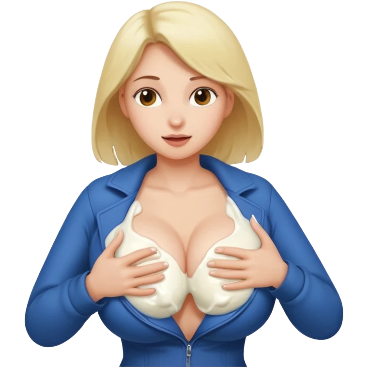 A girl taking off her coat and squishing her big breasts and white milk comes out of her big  emoji