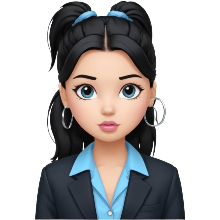 generate a pretty bratz girl with black hair tied up in a single ponytail. wearing a light blue full sleeve shirt and a black blazer over it. silver small hoops, pink lipgloss.  emoji