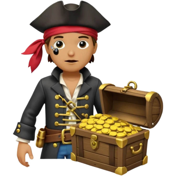 A 3D cartoon pirate character with one eye covered by a black eye patch, holding a treasure chest filled with gold coins and jewels, standing on sandy ground, wearing a pirate hat and coat, warm sunset lighting, realistic Memoji-style rendering. emoji