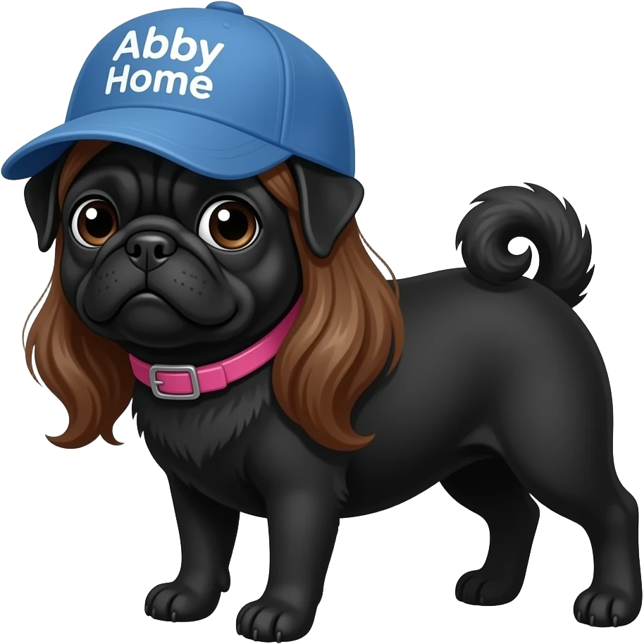 black skinny pug curly tail pink collar girl with a blue hat that says Abby Home in white emoji