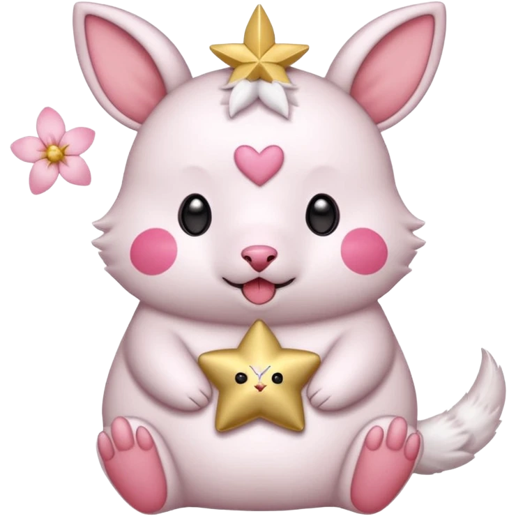 GENERATE ME A MOMONGA WHITE ANIMAL  FROM CHIIKAWA AND PUT A SAKURA FLOWER ON HIS HEAD AND A STAR PELT ON HIS BELLY AND A HEART PURSE ON HIS ARM WITH HIS FACE MAKE HIS TOUNGE STICK OUT WITH A LITTLEPINCH OFDROOL AND MAKE HIM ANIME emoji