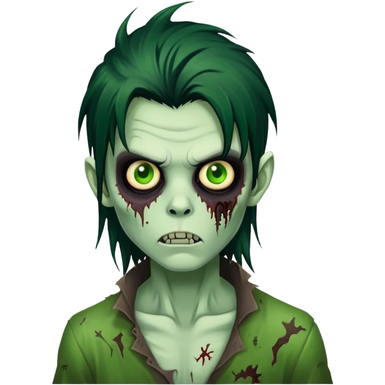 brunette zombie boy with horror green skin and long messy black hair emoji