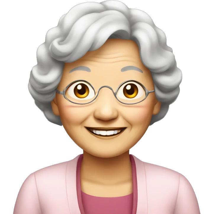 Asian, old lady, big eyes and smile, journalist emoji