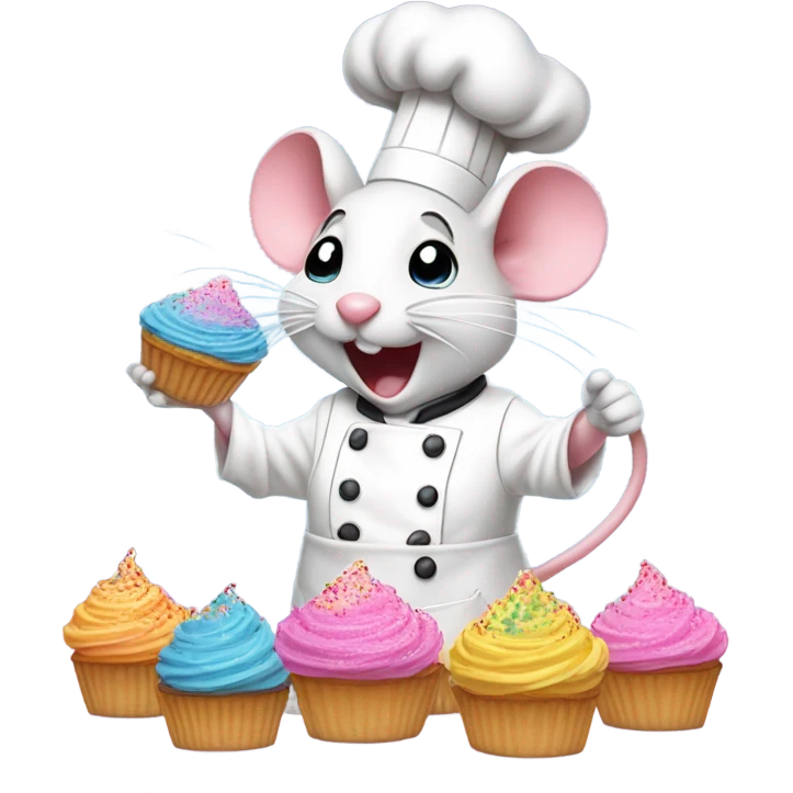 white mouse baking pink cupcakes with rainbow sprinkles emoji