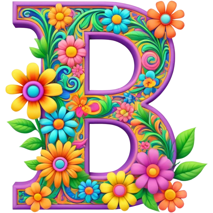 3D, gothic style psychedelic colored Letter D with hippie style flower border emoji