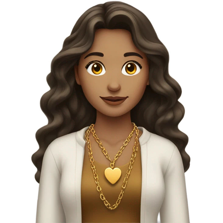 Brunette girl with long hair wavy wearing gold heart necklace  emoji