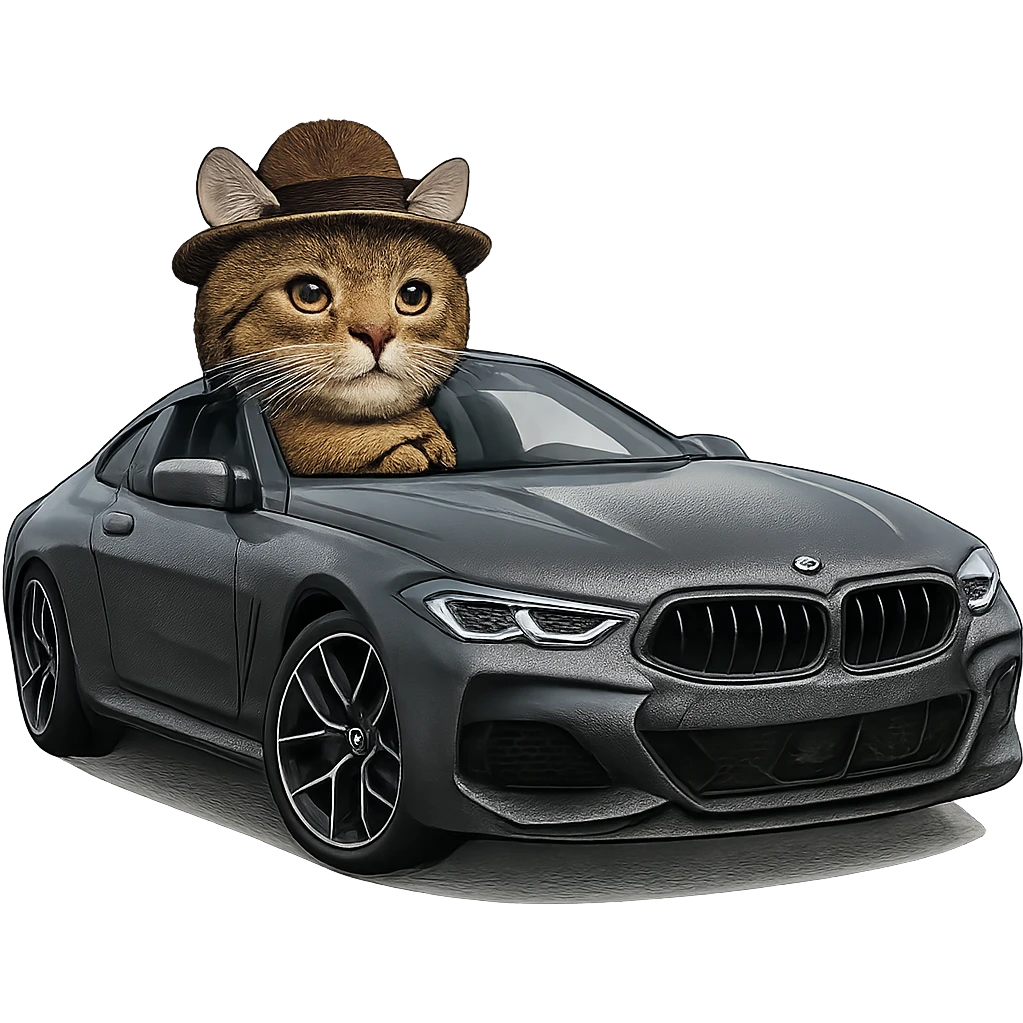 A cat wearing a hat and riding a gray BMW M8 emoji