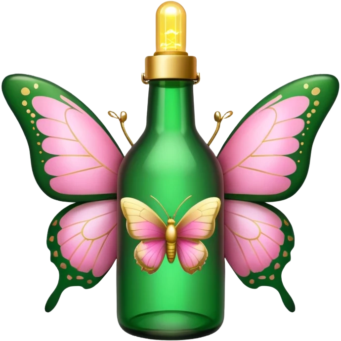 green bottle adorned with gold details and lights, pink butterflies, emoji style emoji