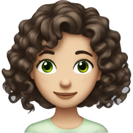 Loosely dark brown curled hair, girl with green eyes and with freckles emoji
