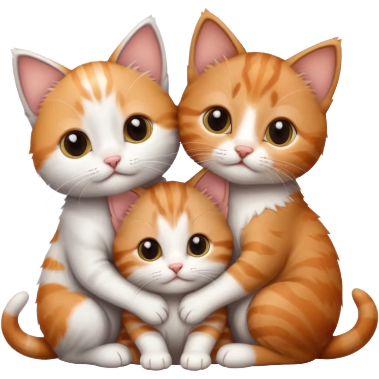 3 very small kittens cuddling together all different colours, the first one is grey and white, the second is ginger and white and the third is brown tabby and white emoji