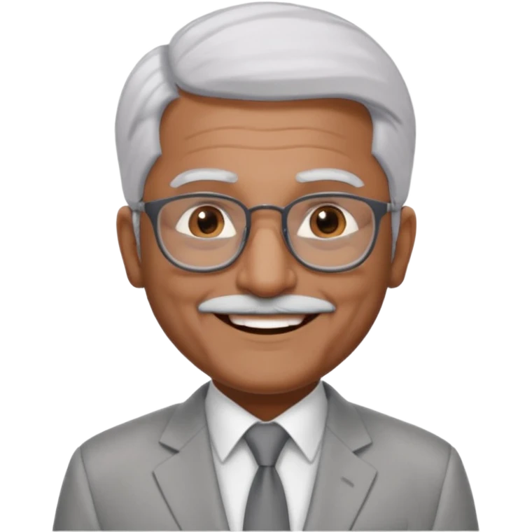60 yr old indian man, short straight white hair brushed foreward , light grey business suit, big smile, dark brown skin, no moustache, dark brown eyes, glasses
 emoji