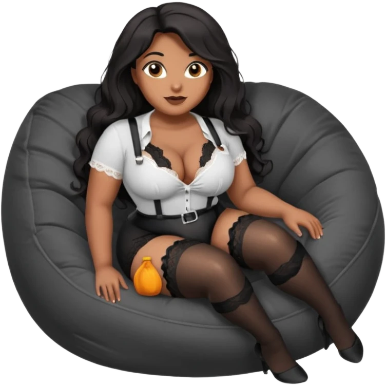 Curvy woman with brown skin with long wavy black hair, dark brown eyes. She's wearing a tight white shirt showing cleavage, black lace thong, black stockings and suspender belt, she's sat on a big dark grey bean bag chair with both her legs wide open emoji