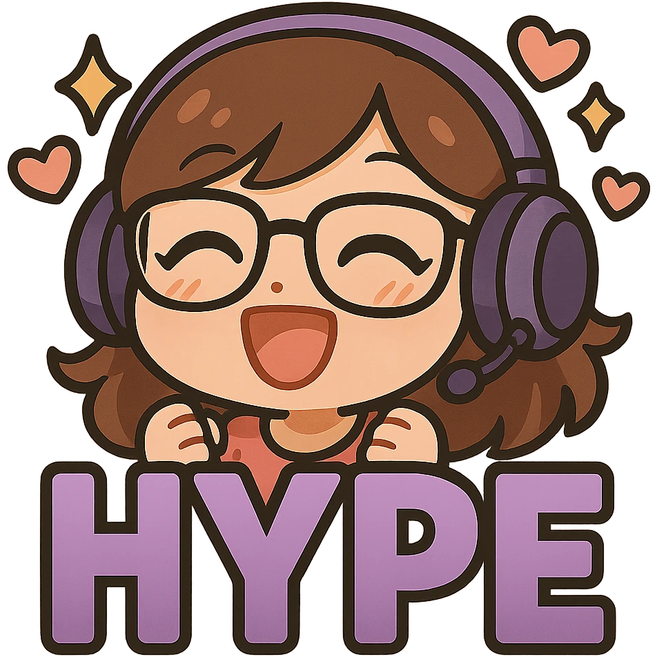 Resize the image to 112 by 112 pixels, keeping all details sharp and clear. Maintain the chibi style with purple gradient HYPE letters, cute details, purple headset, and glasses. Transparent background. emoji