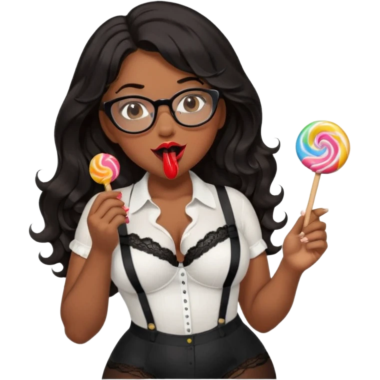 Curvy woman with brown skin with long wavy black hair, brown eyes. Glasses, She's wearing a tight white shirt showing cleavage, black lace thong, black stockings and suspender belt, she has her tongue out and she's licking a lolly pop emoji