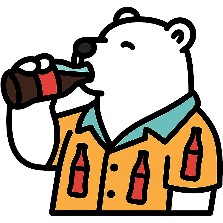 polar bear wearing a Hawaiian shirt with Coke bottles printed on it, drinking a bottle of Coca-Cola emoji
