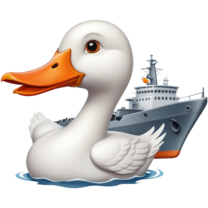 A cartoon military ship with planes on the deck and a large white goose head with orange bill at the front emoji