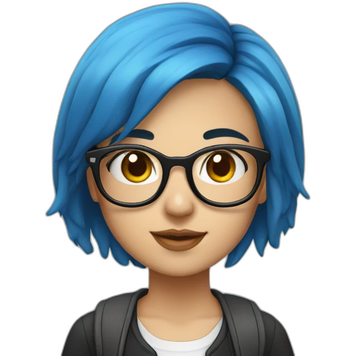 school girl with blue hair, square black frame glasses emoji