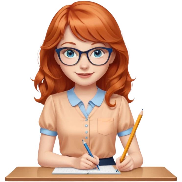 redheaded woman with long wavy hair and bangs, blue eyes, clear cat-eye glasses, short-sleeve apricot blouse, pencil skirt, holding a pencil, smiling emoji