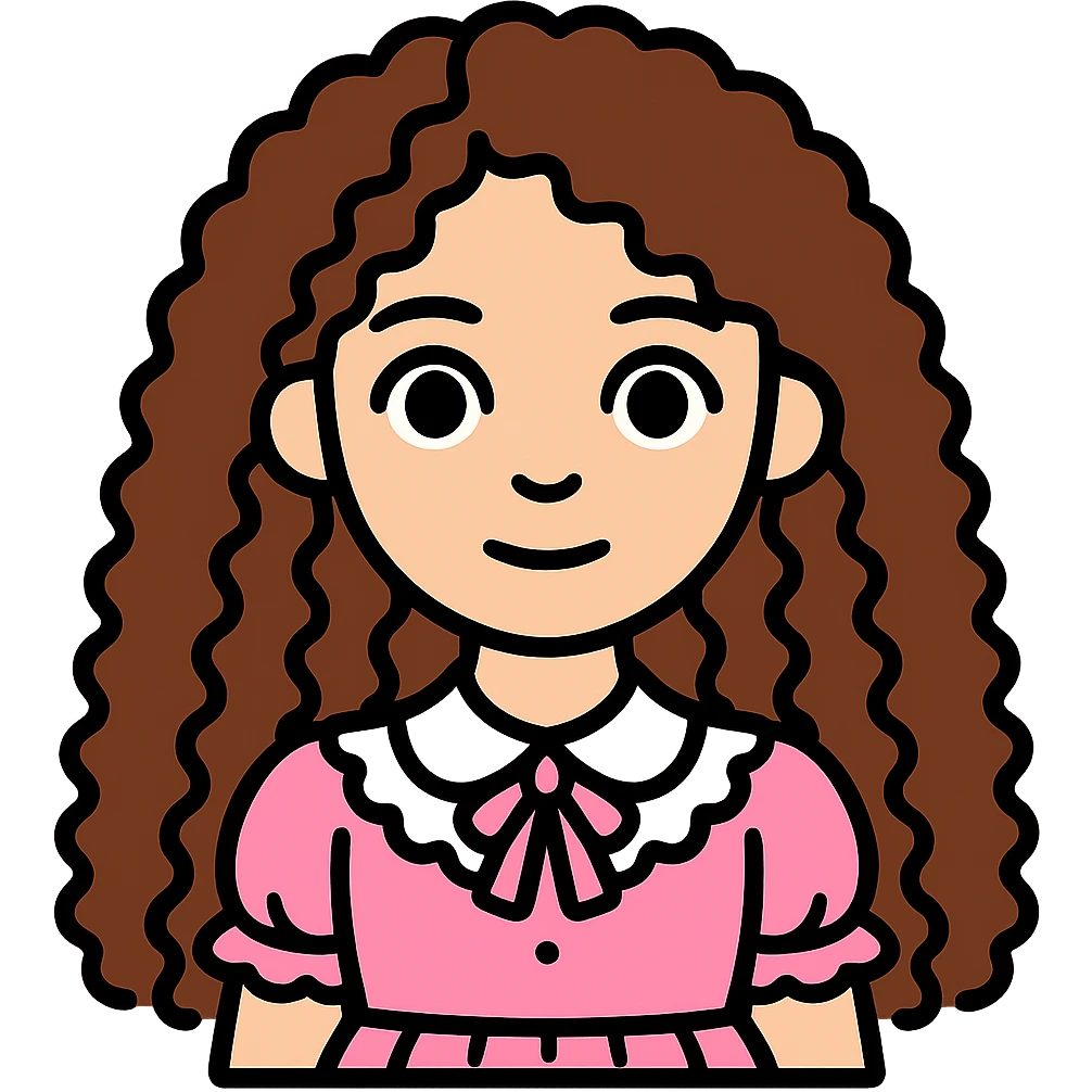 Make the girl with longer curly brown hair, keeping her light skin, brown eyes, white blouse with ruffles, and pink skirt with ruffles, no background. emoji