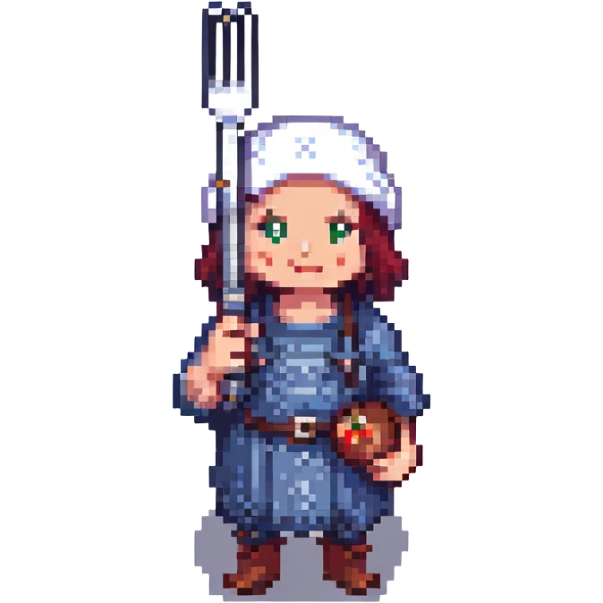 pixel art Twitch emoji of a peasant character holding a fork with bold colors emoji