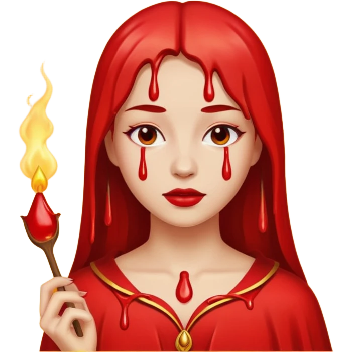 Woman dripping hot wax onto her own skin, controlled pain, ceremonial atmosphere emoji