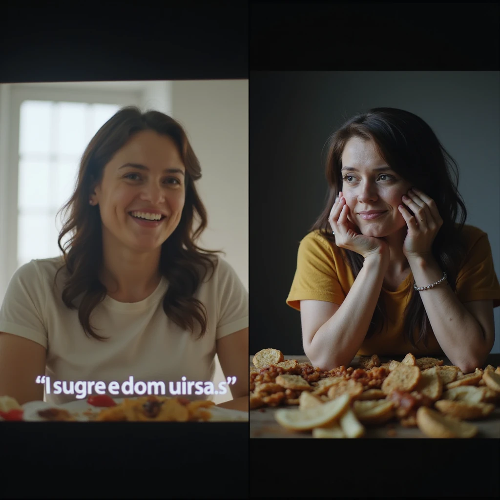 realistic split-screen scene: smiling influencers on screen saying sugar is not harmful, strong lights and bright colors; right side shows a person with a suffering expression surrounded by junk food, muted tones and shadows; contrast between appearance and truth, 4K quality emoji