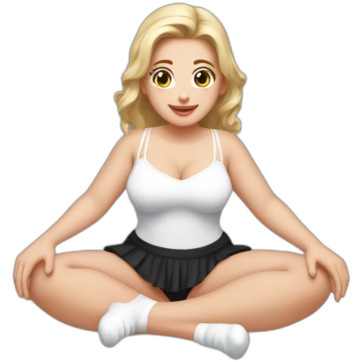 Front view curvy caucasian beauty sitting straight hands up black skirt white knickers white socks emoji