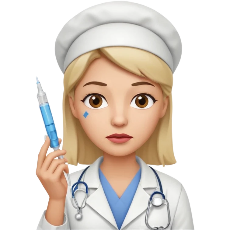 healthcare professional nurse holding a syringe in hand, doubtful expression, one raised eyebrow, crooked mouth, as if wondering something emoji