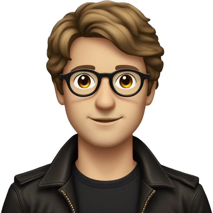 androgynous guy with brown hair and brown eyes and round glasses with an aviator 70s vibe in a black tee winking with a peace sign  emoji