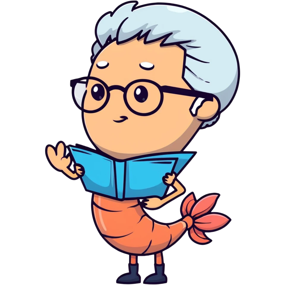 a little shrimp that is old with white hair and glasses, elderly shrimp character with white eyebrows and hair, wearing round glasses emoji