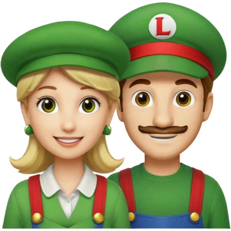 blonde female Luigi (with the Luigi green hat with an L on it) and a normal brown hair male Mario with the red hat. They are friends just smiling emoji