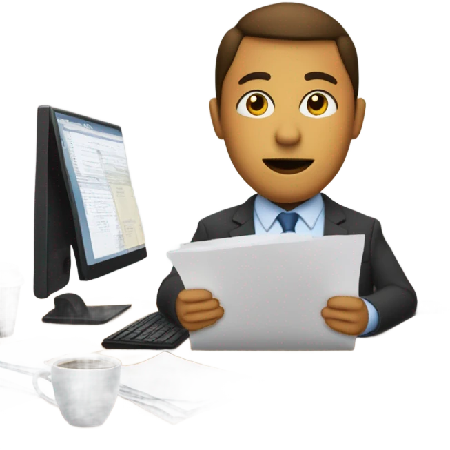 worker at a desk inside an office building, wearing business attire, with a computer and simple office details like coffee or papers emoji
