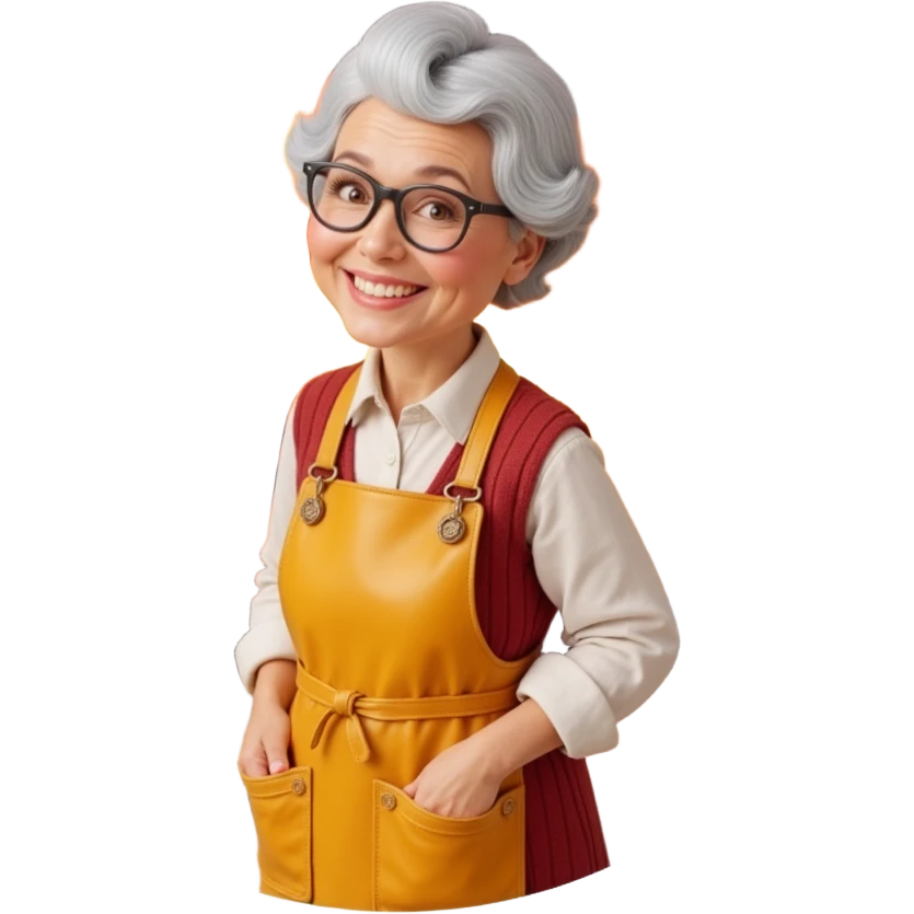Portrait of a proud grandma wearing a golden apron, standing in front of a glowing oven, cookies baking inside, magical warmth, emoji-style emoji