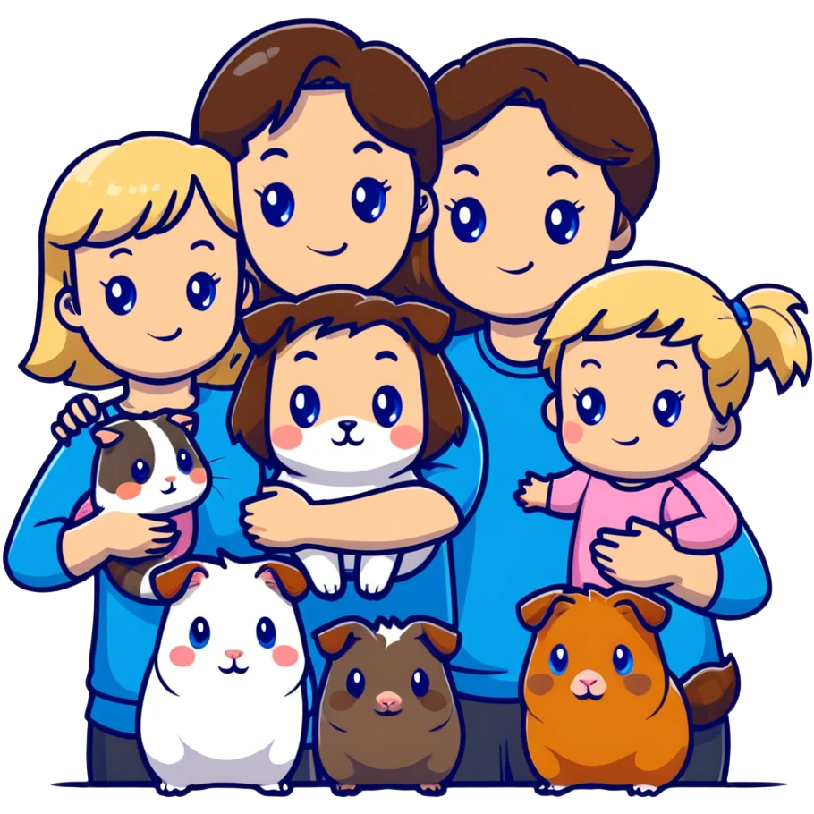 Family portrait with father with dark brown hair and blue eyes, mother with light brown hair and blue eyes, three blonde little girls with blue eyes, plus a grey cat and two guinea pigs emoji