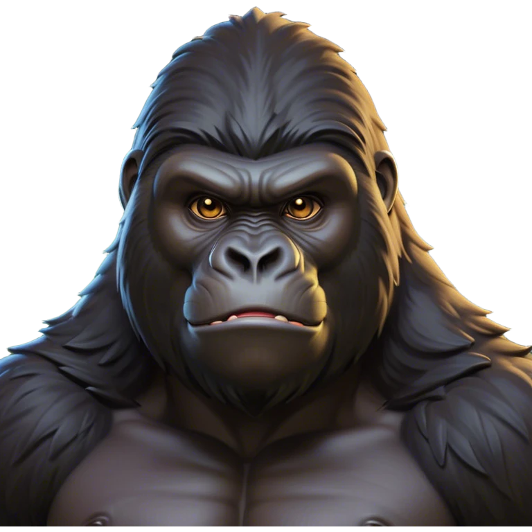 Cinematic Noble Gorilla Portrait Emoji, Poised and commanding, with a massive, muscular build cloaked in dense, rich fur and deep, soulful eyes, Simplified yet sharp and sophisticated features, highly detailed, glowing with a soft, dignified jungle glow, high shine, intelligent and formidable, stylized with an air of primate majesty, focused and authoritative, soft glowing outline, capturing the essence of a watchful guardian that feels as though it could step out of the screen with effortless authority! emoji