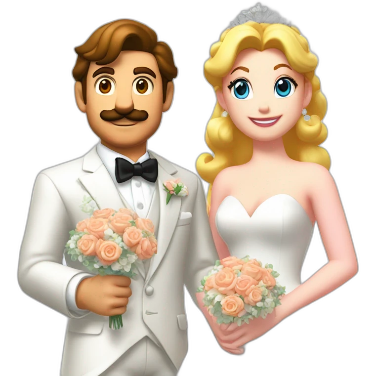 Mario and Princess Peach at their wedding, dressed in wedding attire, with Peach holding a bouquet and Mario in a white suit emoji