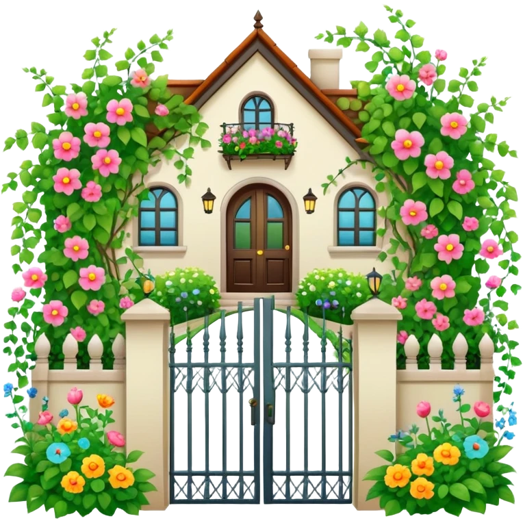 iron fence house entrance with vines, flowers and garden emoji