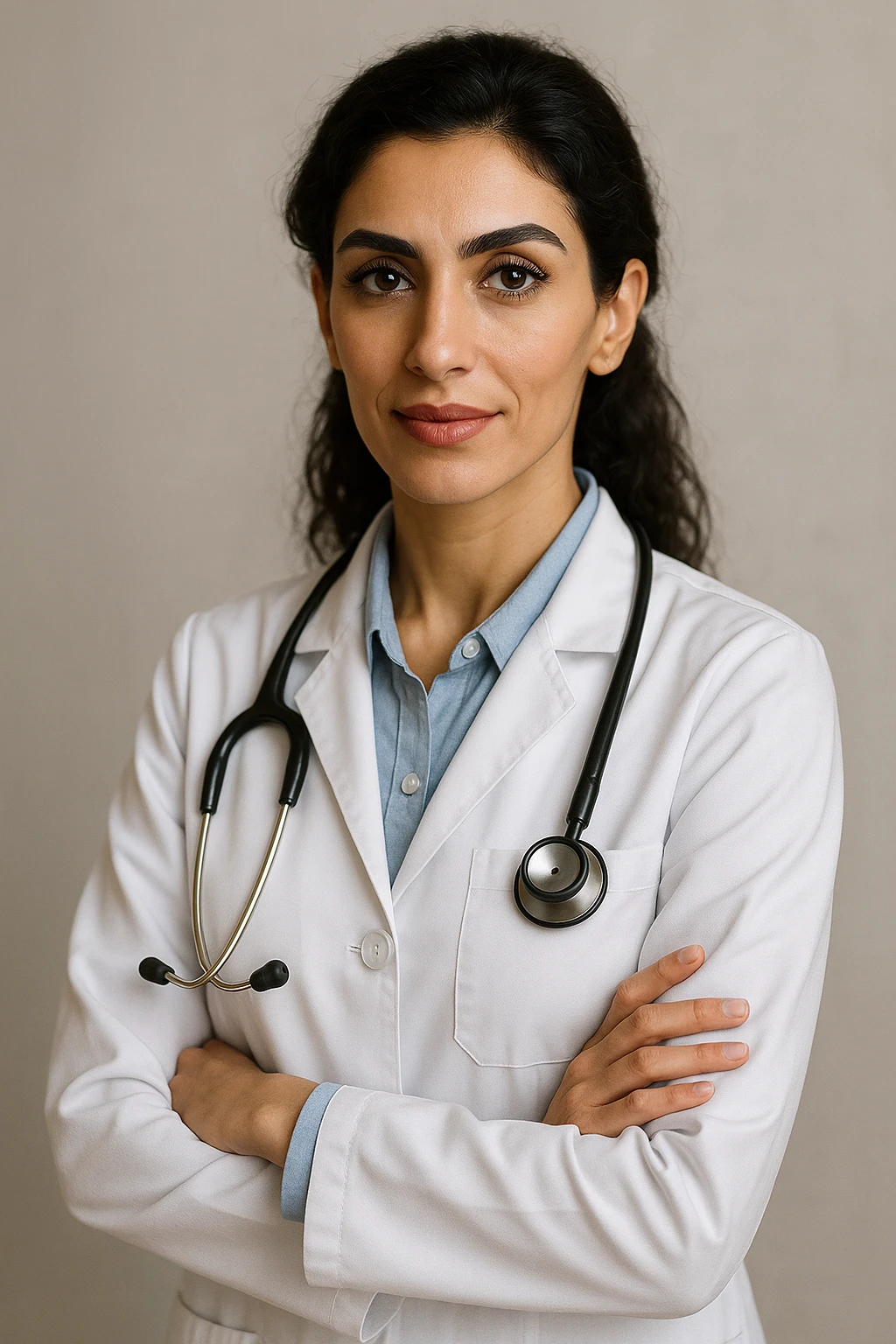Arab doctor, 46 kg, 173 cm, medium black-brown hair, black eyes with long lashes and thick eyebrows, beautiful mouth, defined facial bone structure, prominent cheekbones, chin with a dimple (غمازة ذقن), wearing medical attire, elegant and professional appearance emoji