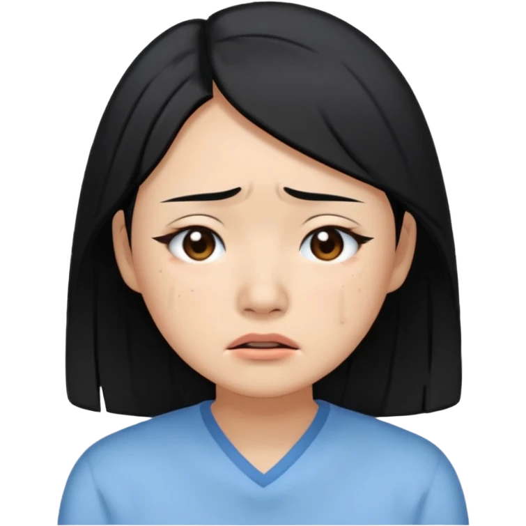 A crying East Asian woman with black hair, wearing light blue clothing. Her skin appears dry. emoji