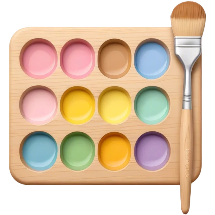 "Minimalist emoji of a small wooden palette with five pastel paint blobs, paired with a sleek, thin paintbrush, soft shadows, and clean lines." emoji