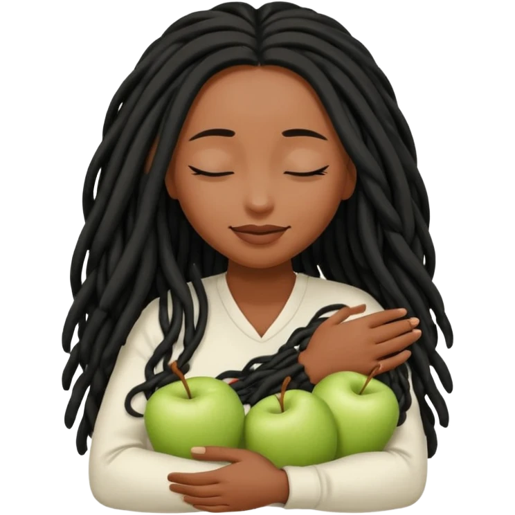 Soft feminine emoji with deep brown skin (Apple’s darkest), long black locs, eyes closed, gently cradling locs. Rounded, simple features, subtle smile. Clean, minimal Apple-style vector art, transparent background. emoji