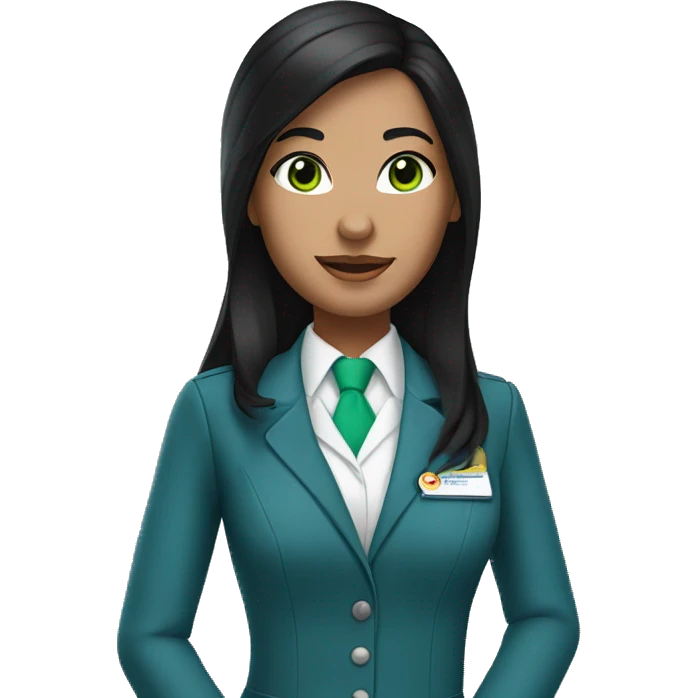 Flight attendant with long black hair, white skin and green eyes and a blue scarf emoji